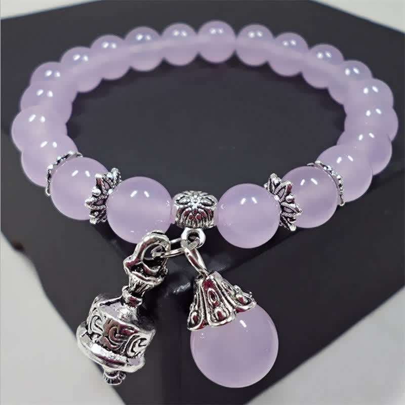 Wear FengShui Vintage Crystal Chalcedony Stone Energy Beaded Bell Charm Bracelet