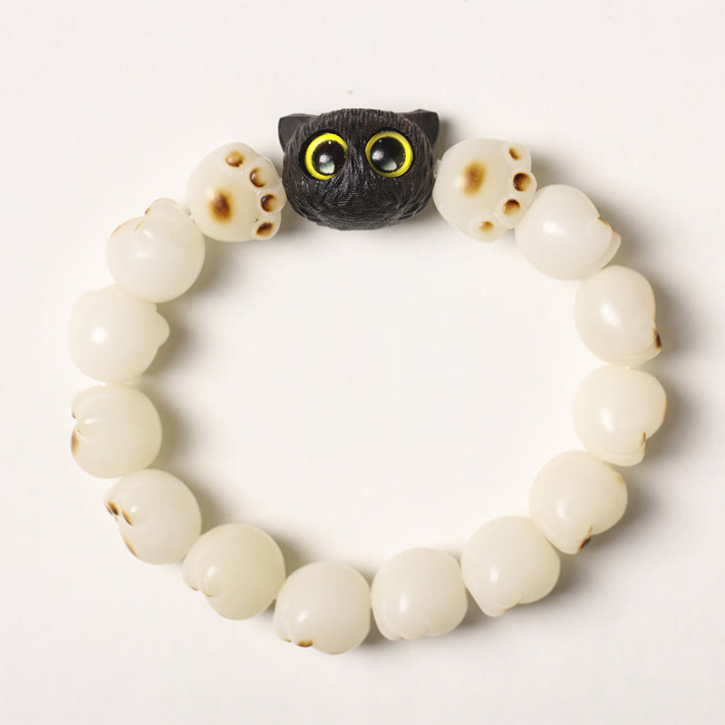 Wear FengShui Natural Bodhi Seed Lovely Paw Ebony Wood Lucky Cat Wisdom Bracelet