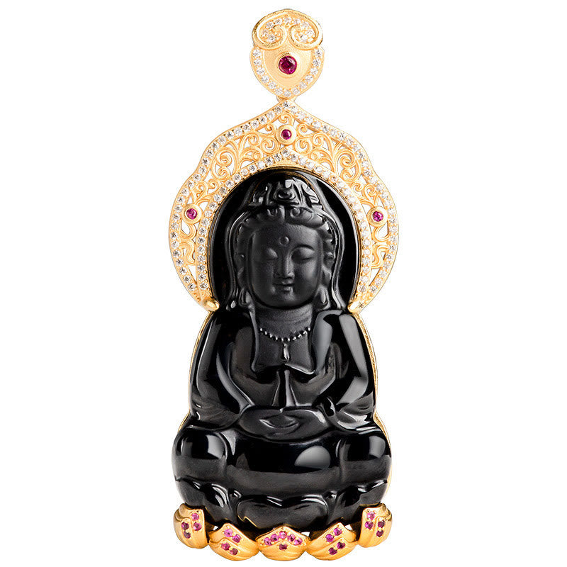 Wear FengShui Natural Black Jade Kwan Yin Avalokitesvara Wealth Titanium Steel Chain Necklace Pendant