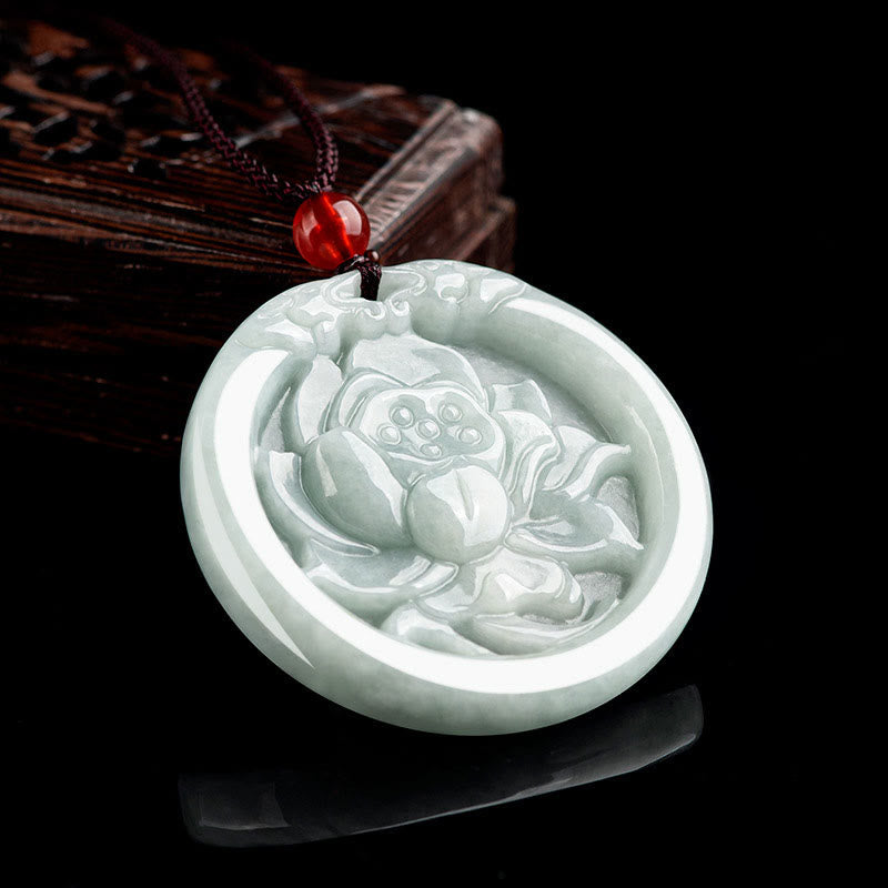 Wear FengShui Natural Jade Lotus Flower Carved Prosperity Necklace Pendant