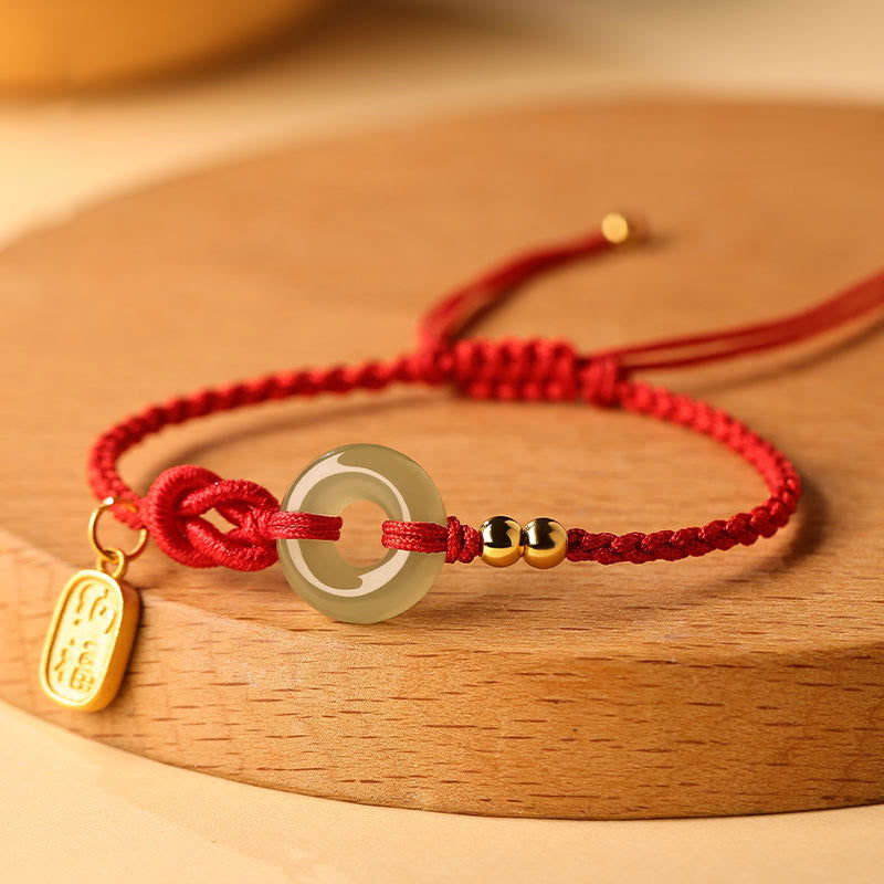 Wear FengShui Hetian Jade Peace Buckle Fu Character String Luck Bracelet
