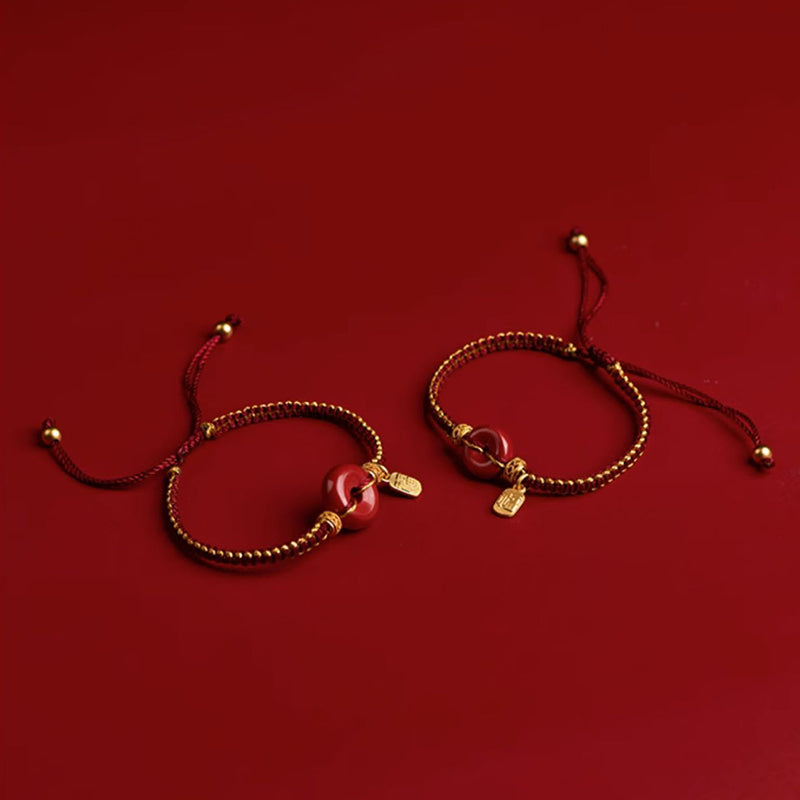 Wear FengShui Natural Cinnabar Peace Buckle Fu Character Charm Blessing Braided Bracelet