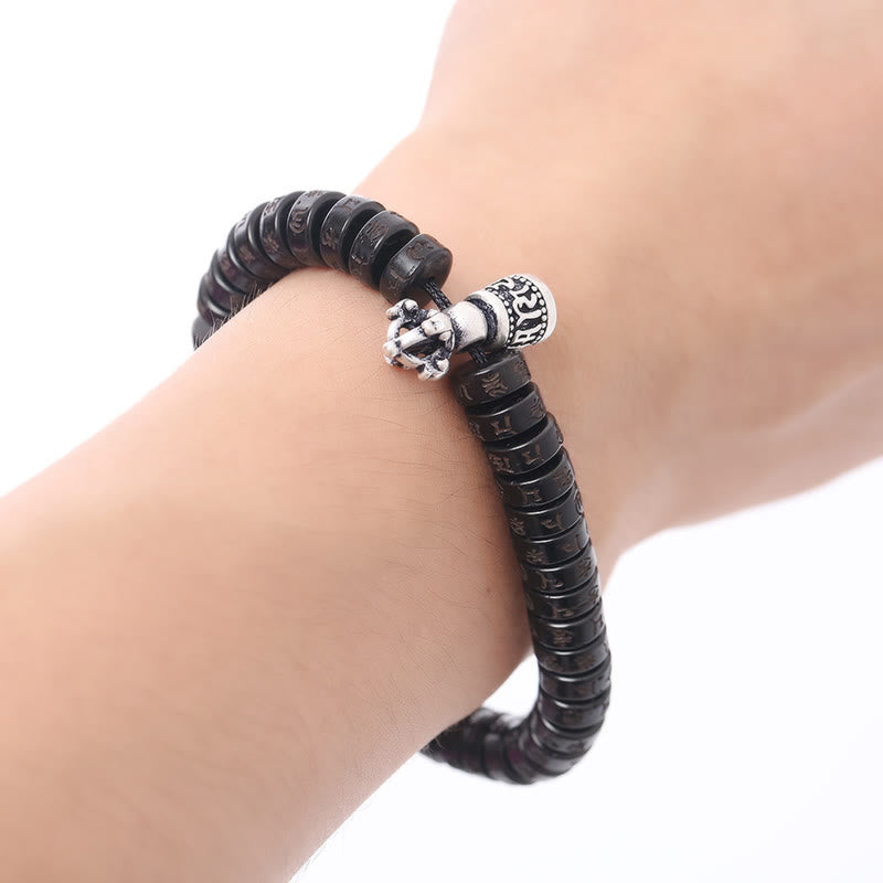 Wear FengShui Tibet Coconut Shell Carved Om Mani Padme Hum Dorje Vajra Bell Happiness String Bracelet