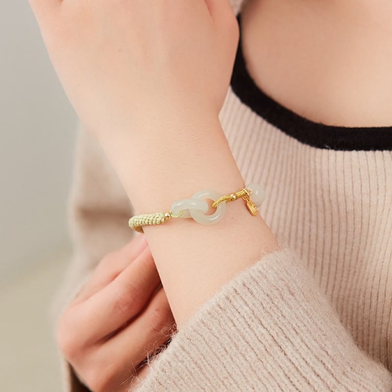 Wear FengShui Natural Hetian Jade Bead Double Peace Buckle Fu Character Abundance Braided Bracelet