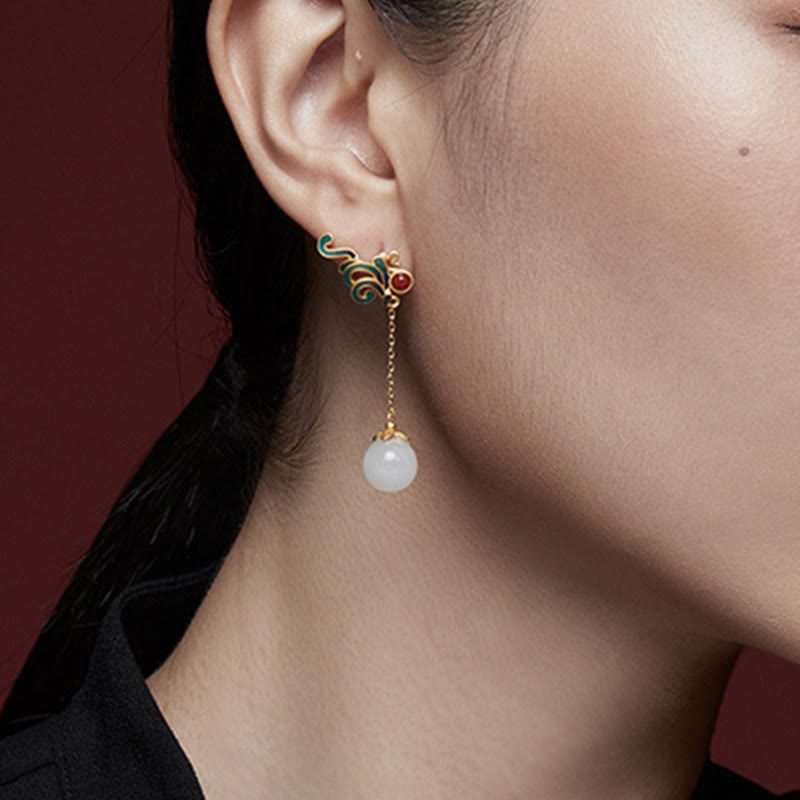 Wear FengShui Vintage White Jade Red Agate Bead Blessing Drop Dangle Earrings