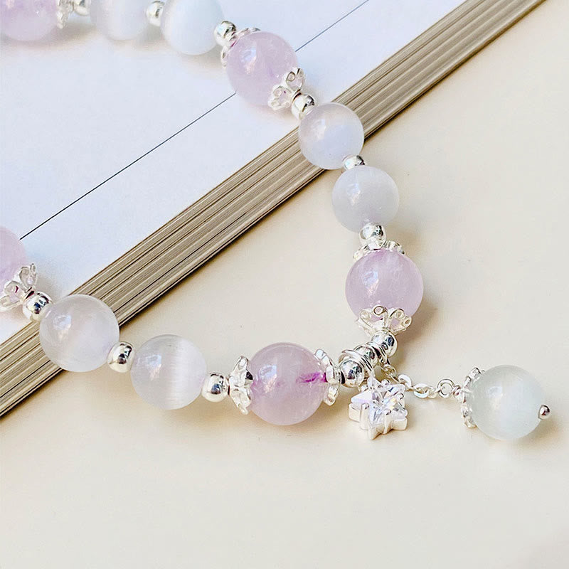 Wear FengShui 925 Sterling Silver Natural Amethyst Cat's Eye Spiritual Awareness Star Bracelet