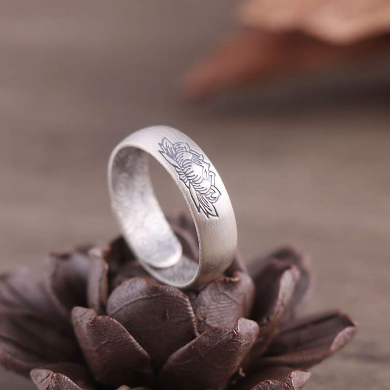 Wear FengShui 999 Sterling Silver Lotus Elephant Six True Words Blessing Ring