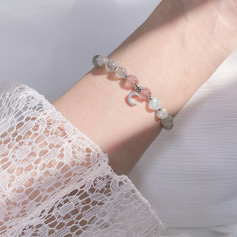 Wear FengShui Strawberry Quartz Moonstone Luck Moon Charm Bracelet