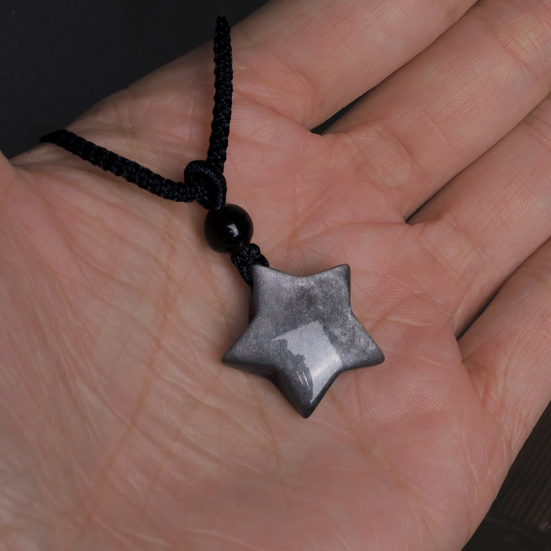 Wear FengShui Natural Silver Sheen Obsidian Star Crescent Moon Protection Necklace Pendant