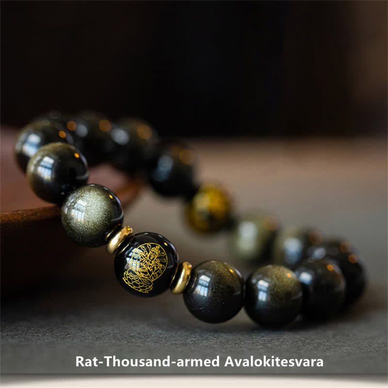 Wear FengShui Chinese Zodiac Natal Buddha Gold Sheen Obsidian Wealth Protection Bracelet