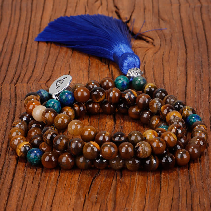 Wear FengShui 108 Mala Beads Tiger Eye Buddha Strength Bracelet Tassel Necklace Pendant