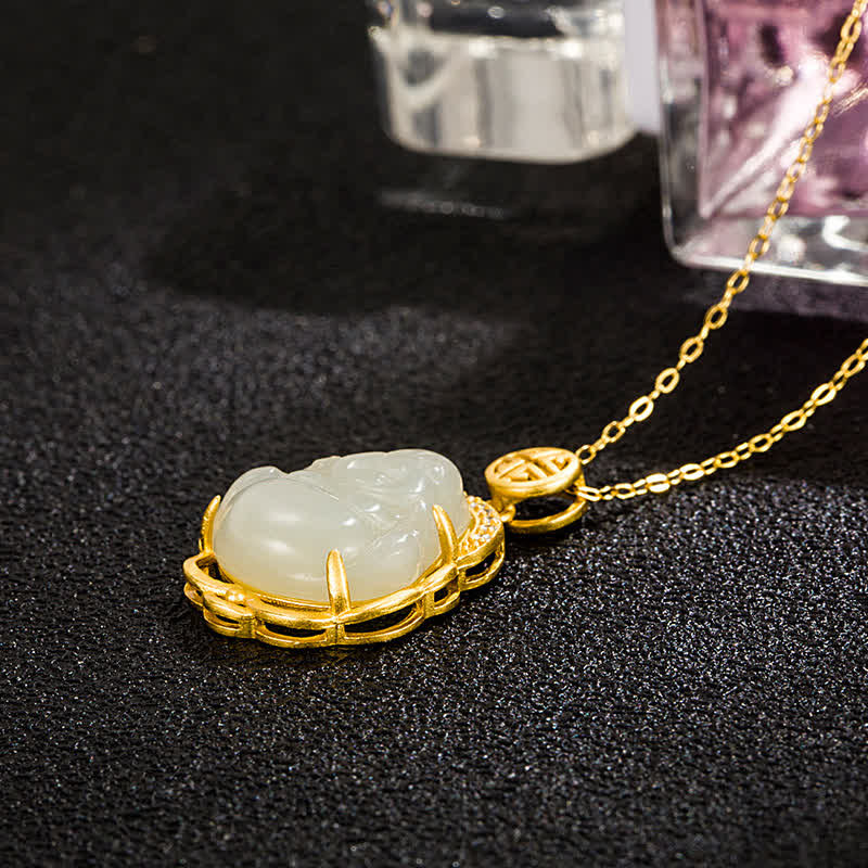 Wear FengShui 925 Sterling Silver Laughing Buddha Hetian White Jade Protection Necklace Pendant