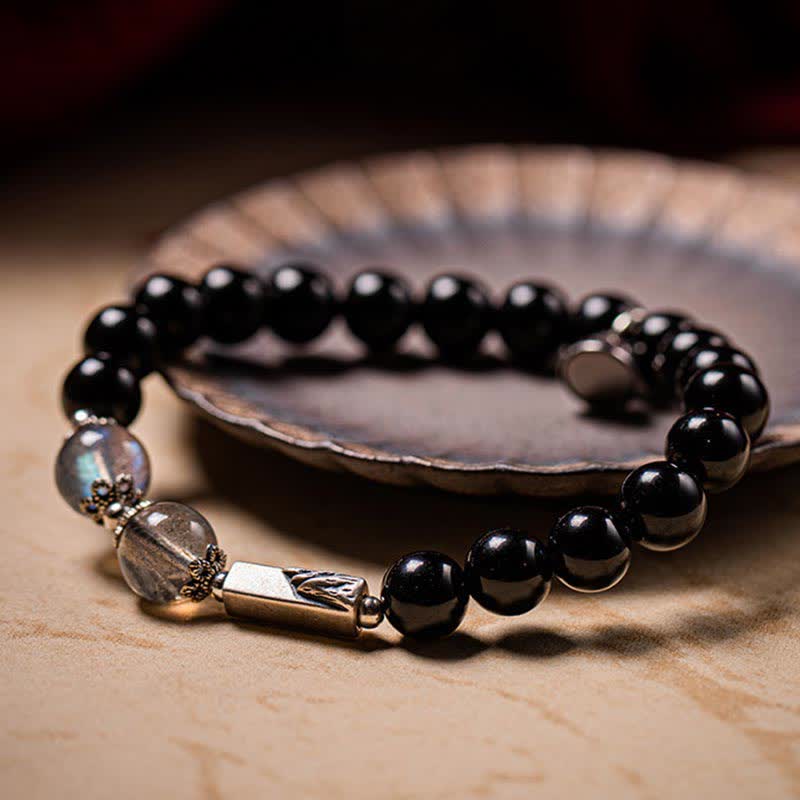 Wear FengShui 925 Sterling Silver Obsidian Moonstone Strength Couple Bracelet