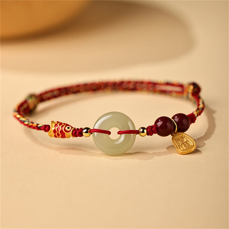 Wear FengShui 925 Sterling Silver Koi Fish Hetian Jade Peace Buckle Luck Bracelet