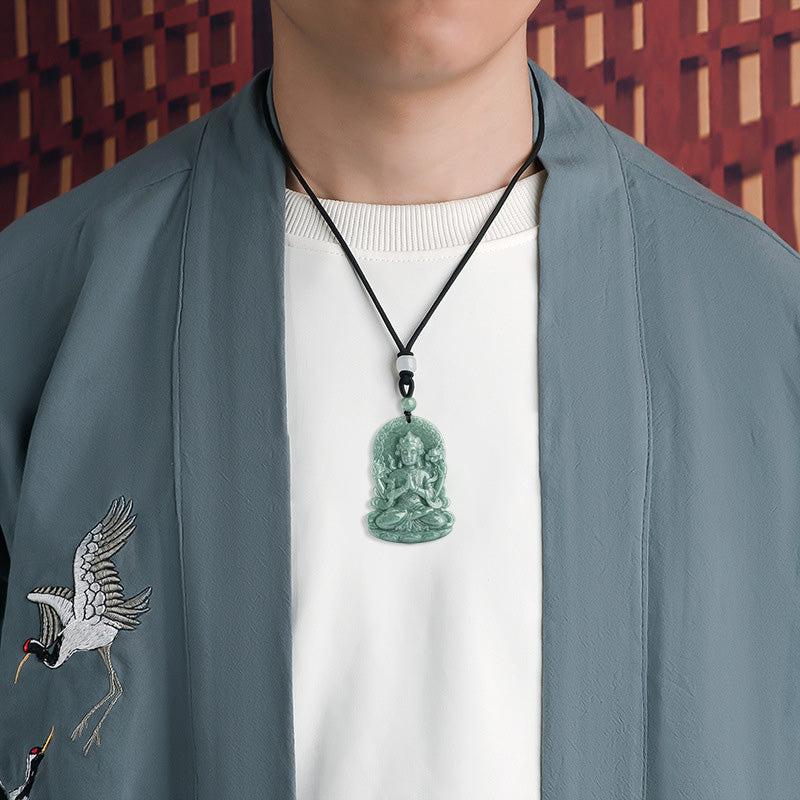 Wear FengShui Four-armed Avalokitesvara Natural Jade Amulet Blessing String Necklace