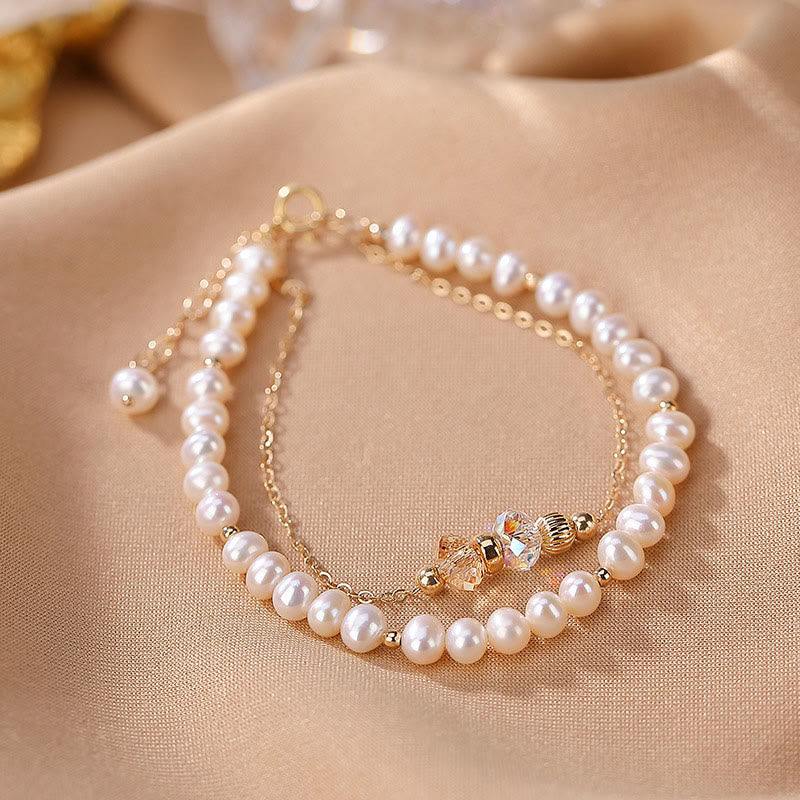 Wear FengShui 925 Sterling Silver Plated 14k Gold Natural Pearl Crystal Healing Double Layer Bracelet