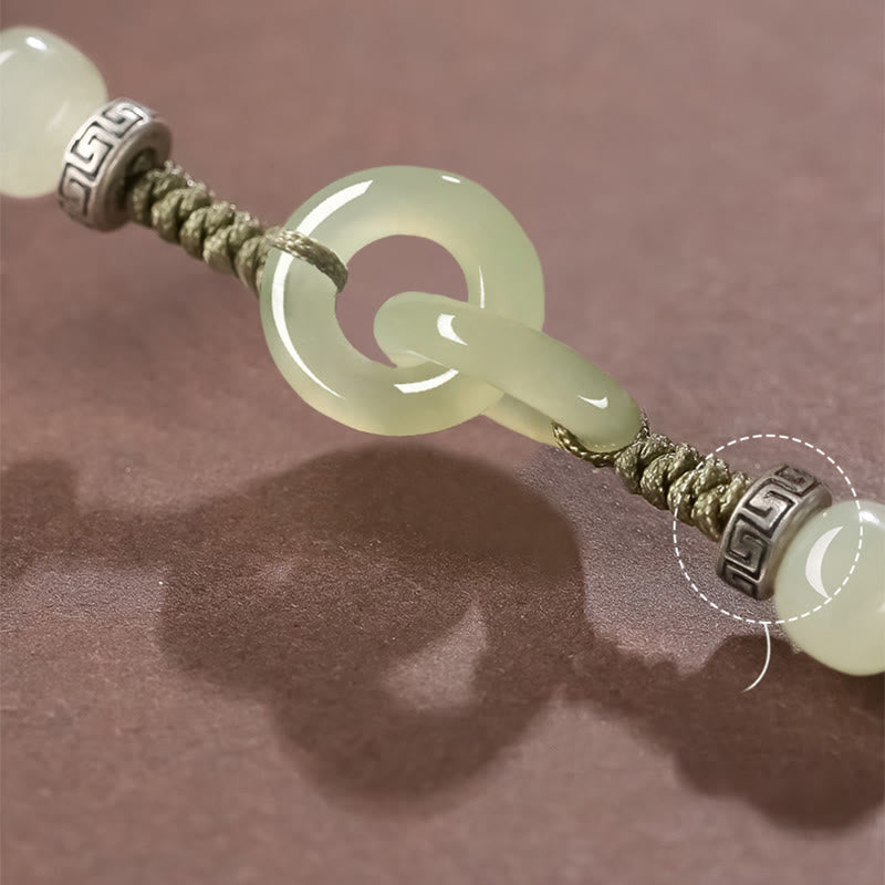 Wear FengShui Natural Hetian Jade Peace Buckle Luck Braided Bracelet