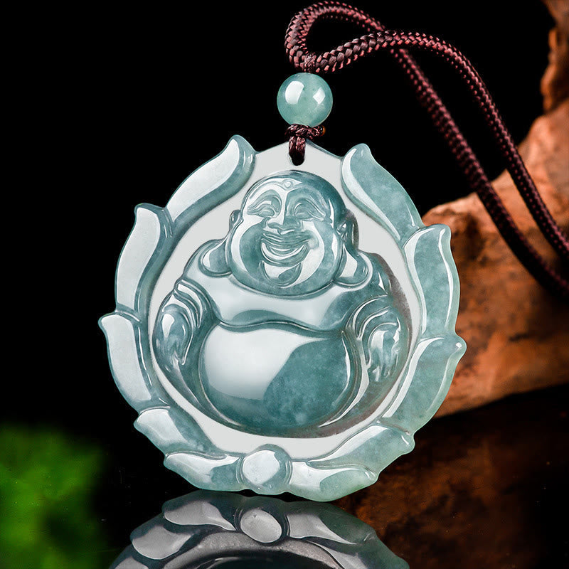 Wear FengShui Natural Jade Laughing Buddha Lotus Pattern Luck Necklace Pendant