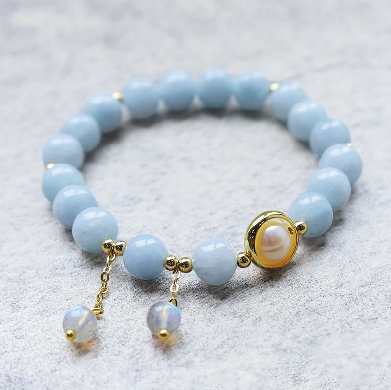 Wear FengShui Aquamarine Pearl Healing Moonstone Beads Charm Bracelet