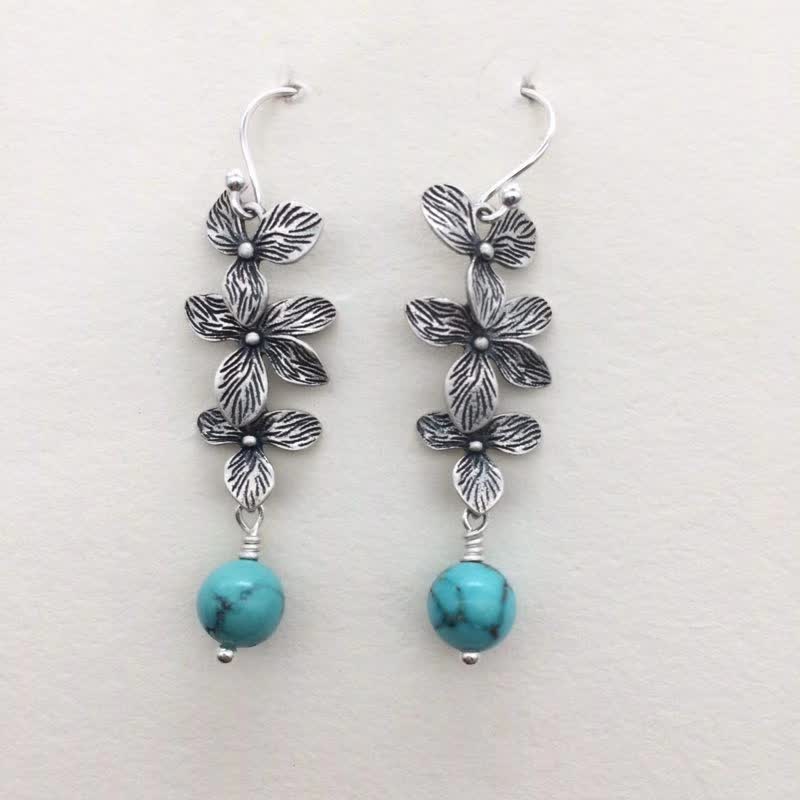 Wear FengShui 925 Sterling Silver Turquoise Lazurite Flower Leaf Serenity Protection Hook Drop Dangle Earrings