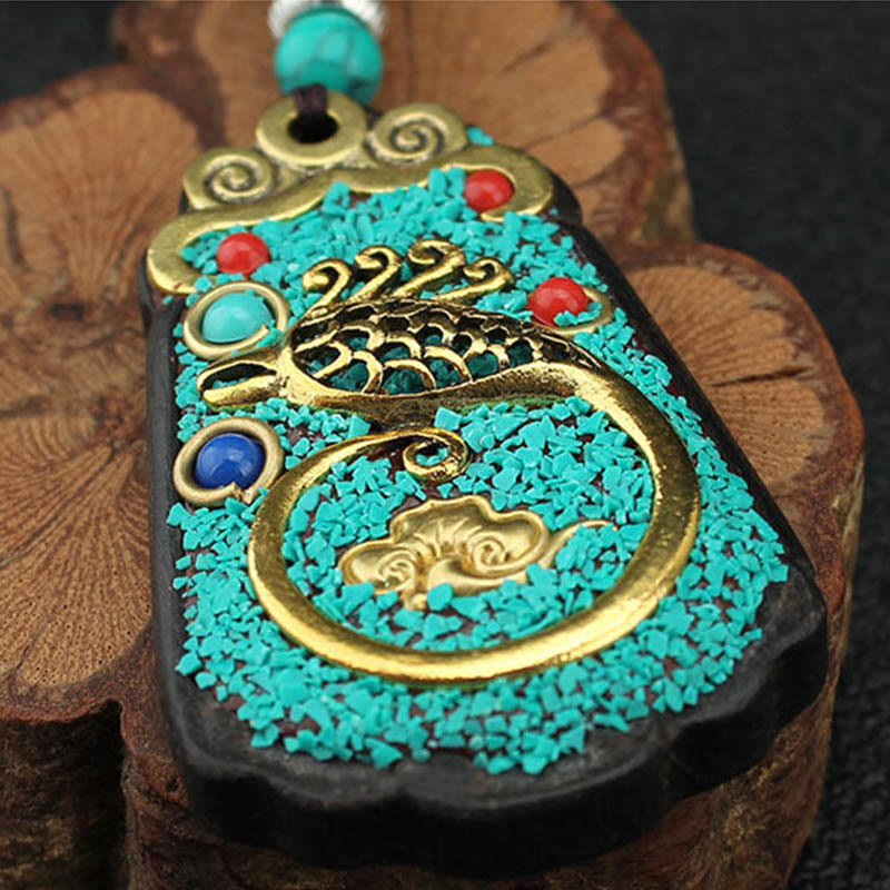 Wear FengShui Tibet God Of Wealth Money Tree Golden Phoenix Thangka Ebony Peace Necklace Pendant