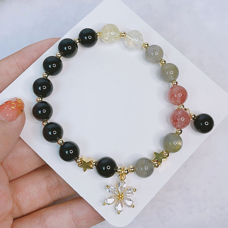Wear FengShui Natural Silver Sheen Obsidian Love Heart Star Flower Protection Bracelet