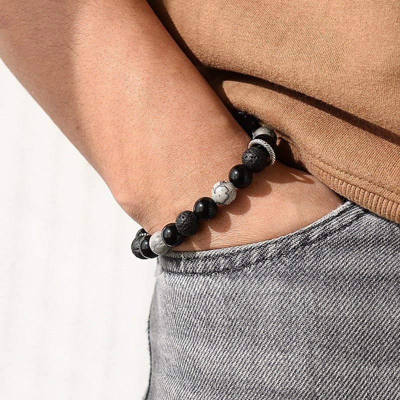 Wear FengShui Vintage Lava Rock Black Obsidian Picasso Jasper Beads Support Rope Bracelet