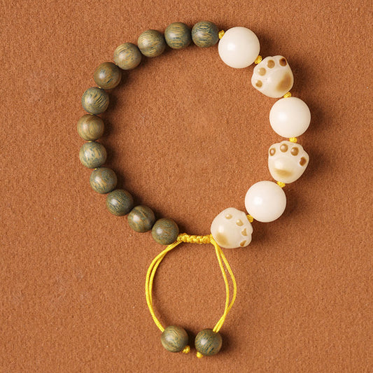 Wear FengShui Natural Green Sandalwood Bodhi Seed Cat Paw Claw Cure Bracelet