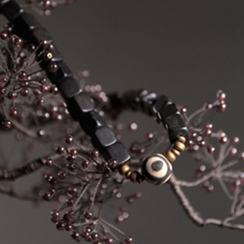 Wear FengShui Ebony Wood Dzi Bead Copper Peace Couple Bracelet