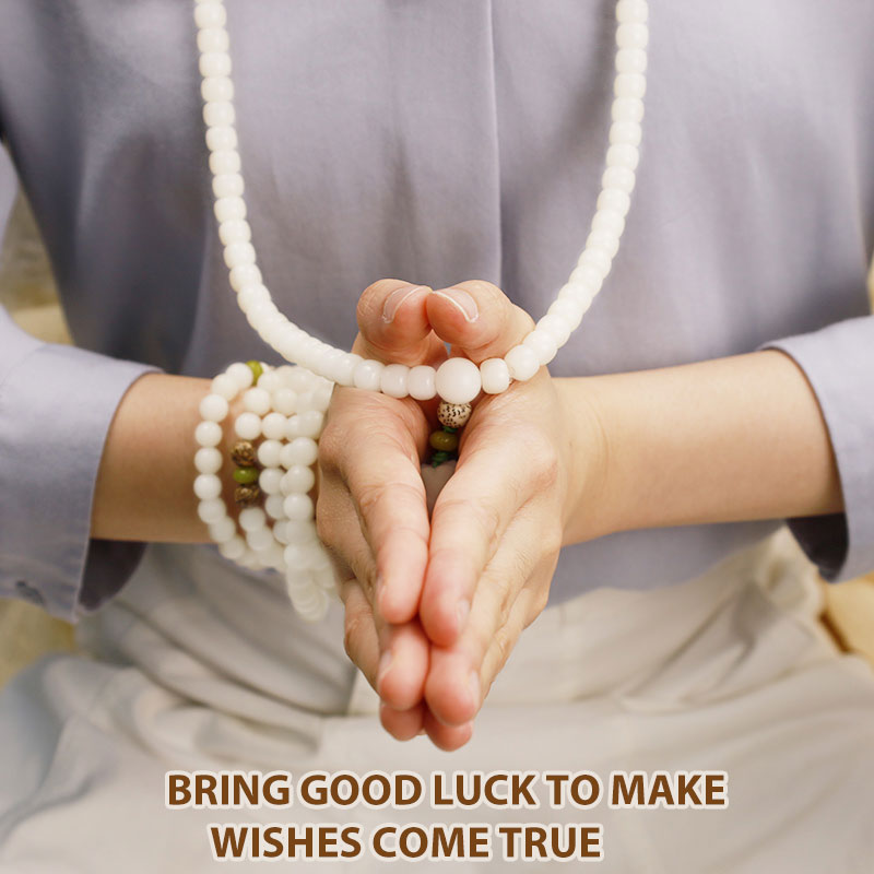 Wear FengShui White Jade Bodhi Lotus Mala Harmony Necklace Bracelet