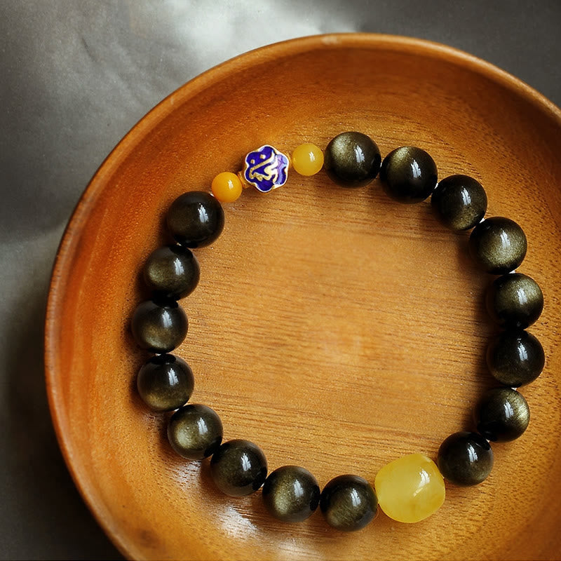 Wear FengShui 925 Sterling Silver Chinese Zodiac Natal Buddha Natural Gold Sheen Obsidian Amber Wealth Protection Bracelet