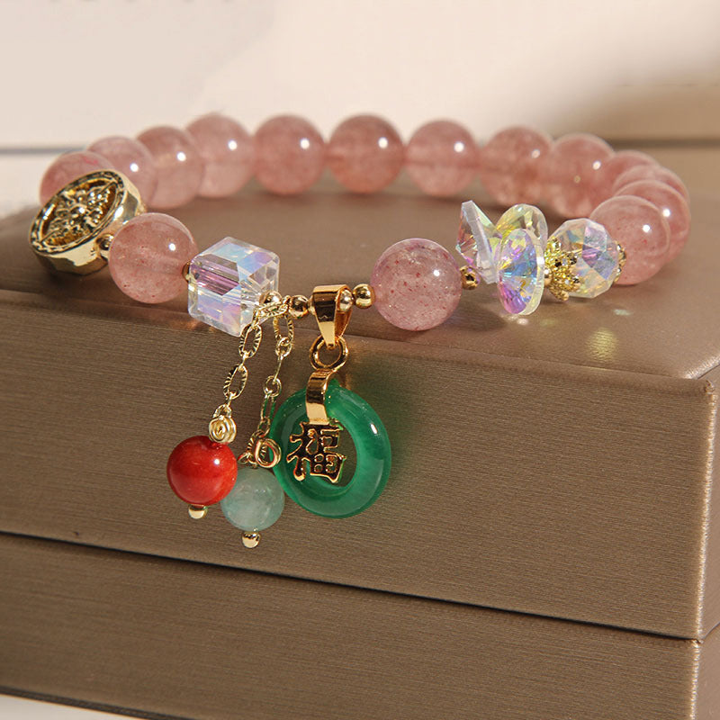 Wear FengShui Strawberry Quartz Jade Fu Character Charm Healing Bracelet
