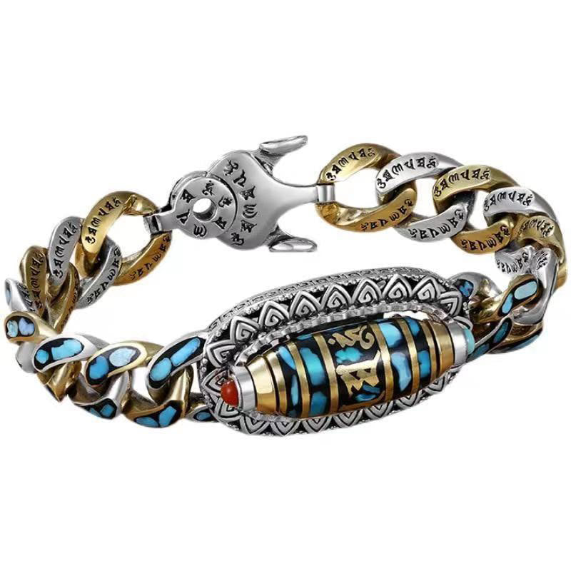 Wear FengShui Tibetan Nine-Eye Dzi Bead Om Mani Padme Hum Turquoise Protection Rotatable Bracelet