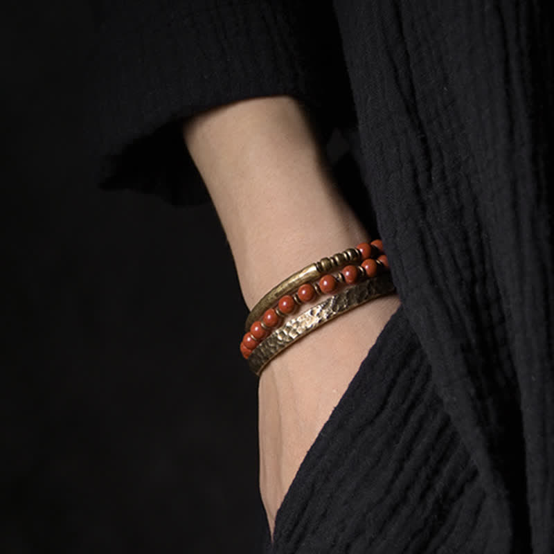 Wear FengShui Red Jasper Moss Agate Black Obsidian Crystal Copper Peace Couple Bracelet