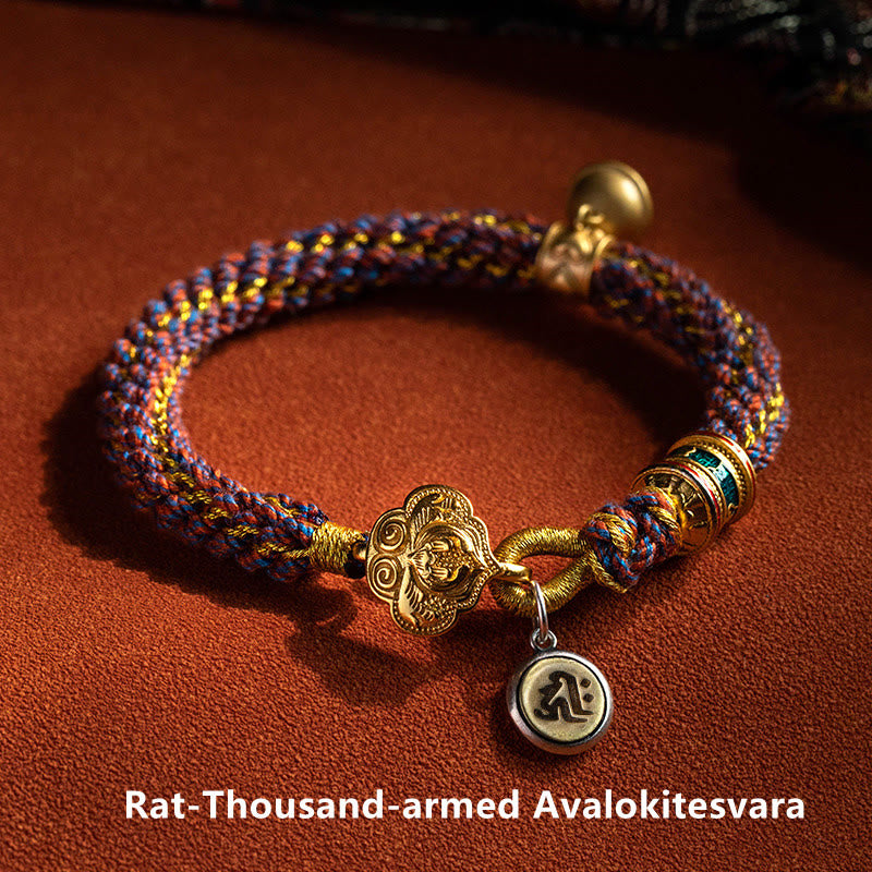 Wear FengShui 925 Sterling Silver Chinese Zodiac Natal Buddha Om Mani Padme Hum Luck Bell Braided String Bracelet