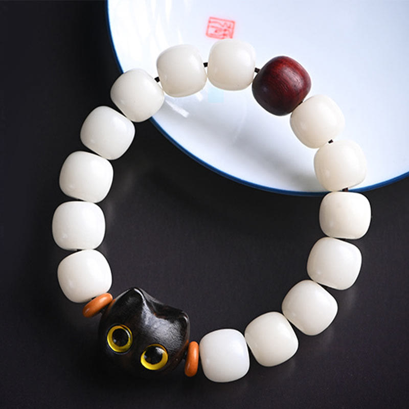 Wear FengShui Natural Bodhi Seed Small Leaf Red Sandalwood Ebony Wood Cute Lucky Cat Wisdom Bracelet
