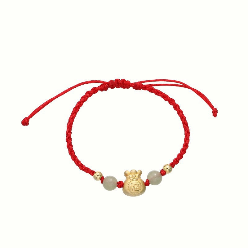 Wear FengShui Lucky Money Bag Fu Character Jade Bead Luck Braided Bracelet