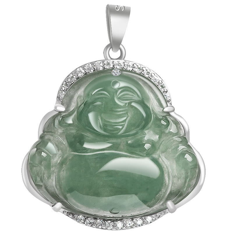 Wear FengShui Laughing Buddha Natural Jade Luck Prosperity Necklace Titanium Steel Chain Pendant