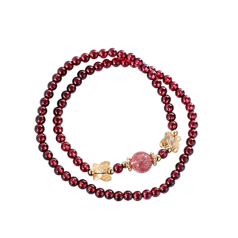 Wear FengShui 14K Gold Plated Natural Garnet Strawberry Quartz Butterfly Protection Double Wrap Bracelet