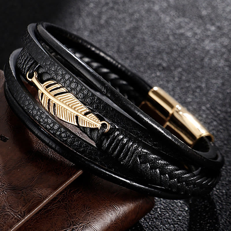 Wear FengShui Feather Pattern Multilayer Leather Titanium Steel Calm Braided Magnetic Buckle Bracelet