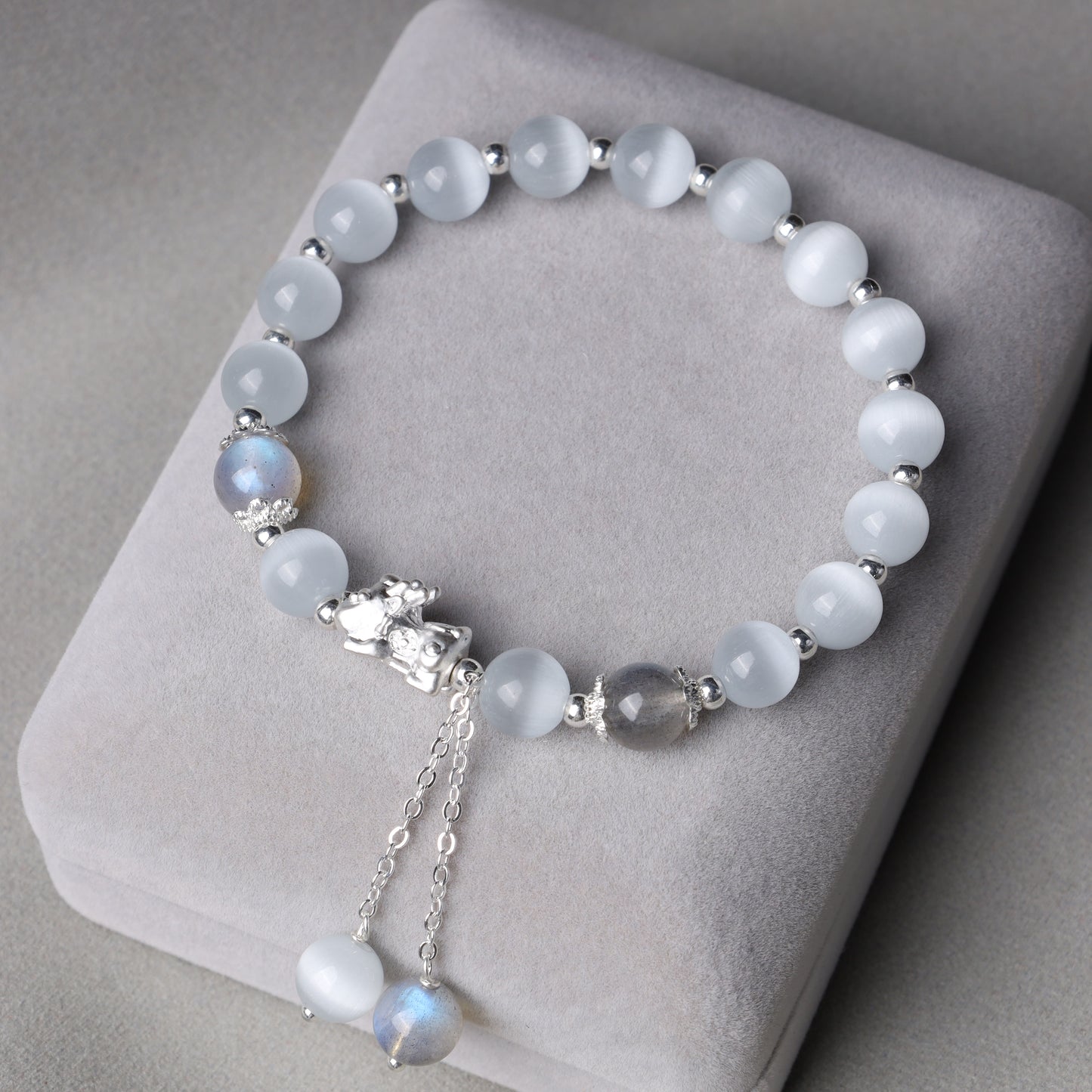 Wear FengShui Natural Cat's Eye Moonstone Strawberry Quartz PiXiu Support Bracelet