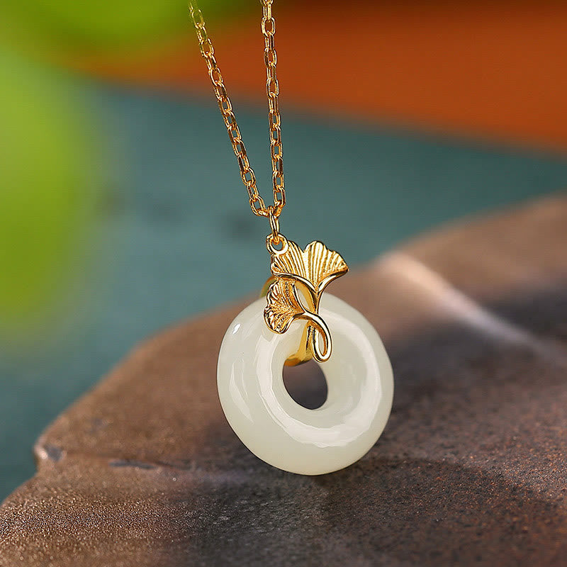 Wear FengShui 925 Sterling Silver Natural Hetian Jade Ginkgo Leaf Peace Buckle Luck Necklace Pendant