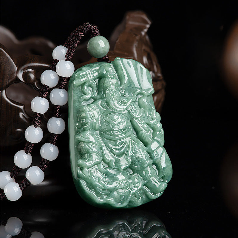 Wear FengShui Natural Jade Guan Gong Amulet Wealth Necklace Pendant