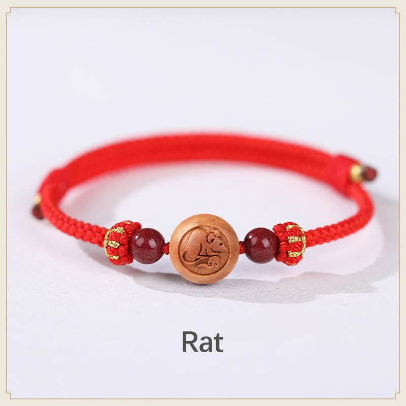 Wear FengShui Natural Peach Wood Chinese Zodiac Fu Character Carved Cinnabar Wealth Bracelet