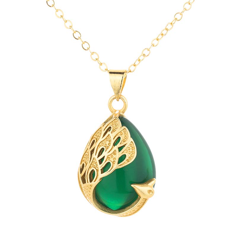 Wear FengShui Pink Crystal Green Chalcedony Peacock Copper Soothing Love Necklace Pendant