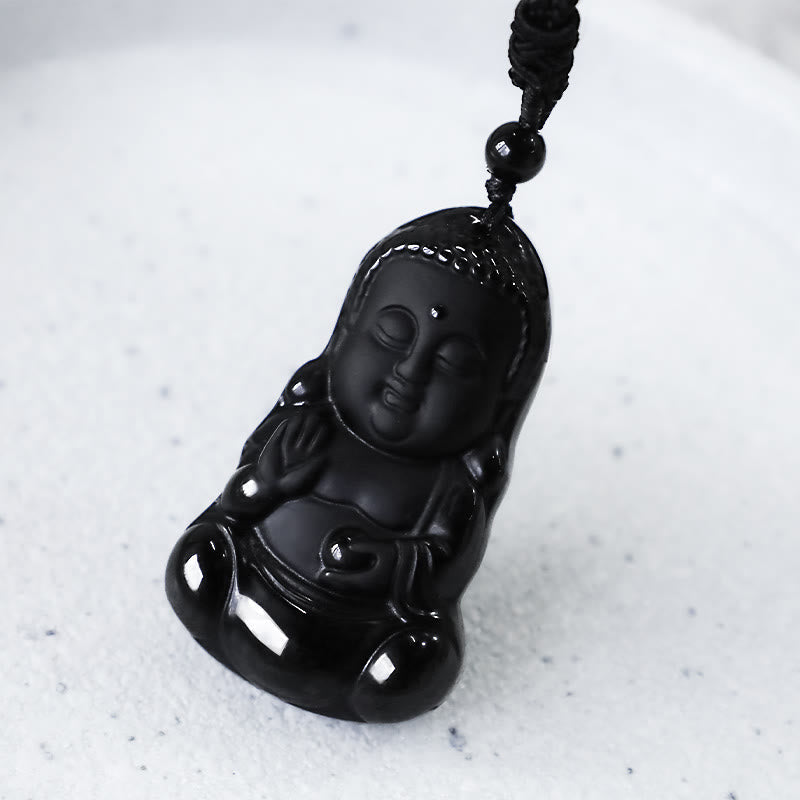 Wear FengShui Natural Black Obsidian Crystal Buddha Strength Protection Amulet Lucky Charm Pendant Necklace