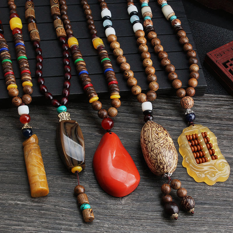 Wear FengShui Tibetan Wenge Wood Bodhi Seed Agate Balance Peace Necklace Pendant