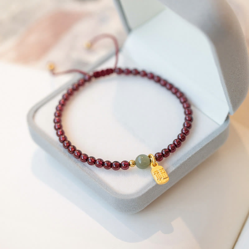Wear FengShui Natural Strawberry Quartz Garnet Jade Lucky Fortune Fu Character Healing Charm Bracelet