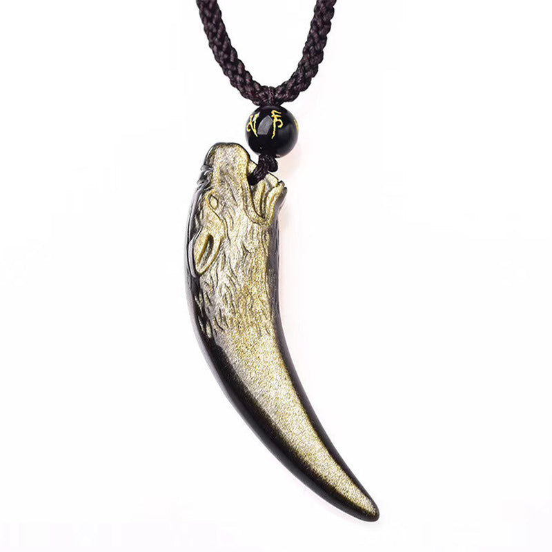 Wear FengShui Natural Black Obsidian Ice Obsidian Rainbow Obsidian Wolf Tooth Pattern Strength Necklace Pendant