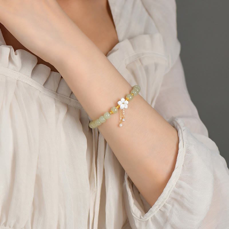 Wear FengShui 925 Sterling Silver Natural Hetian Jade Luck Flower Bracelet